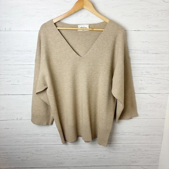 Aritzia Wilfred Free Souvenir Sweater Heather Taupe V Neck 3/4 Sleeve Oversized - Picture 5 of 15